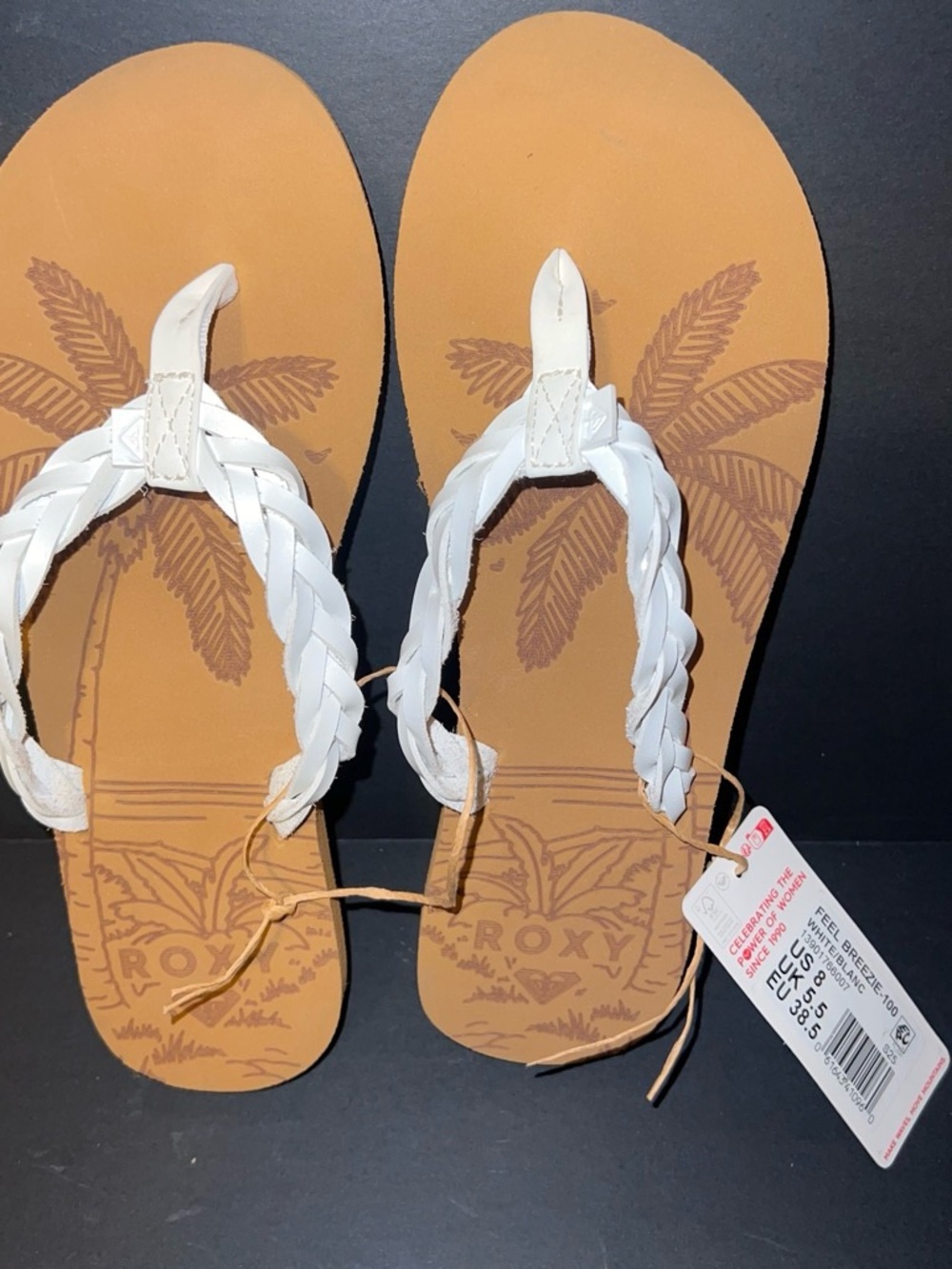 Roxy White Braided Toe-Post Sandals with Tan Footbed